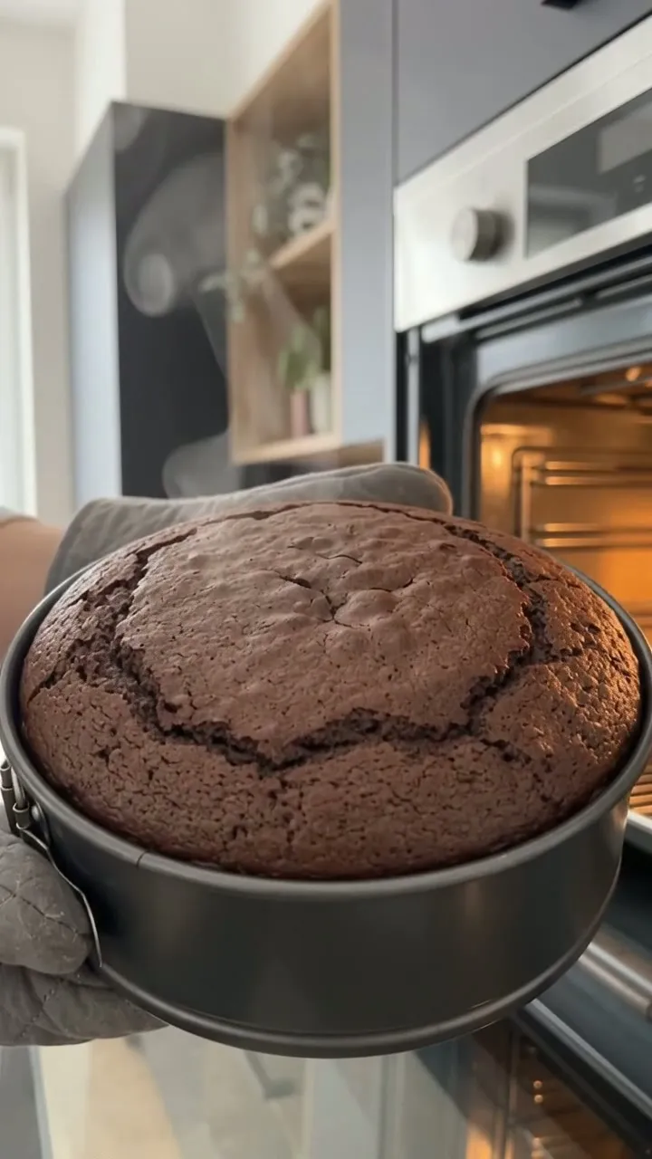 The cherry chocolate cake being lifted from the oven in its tin