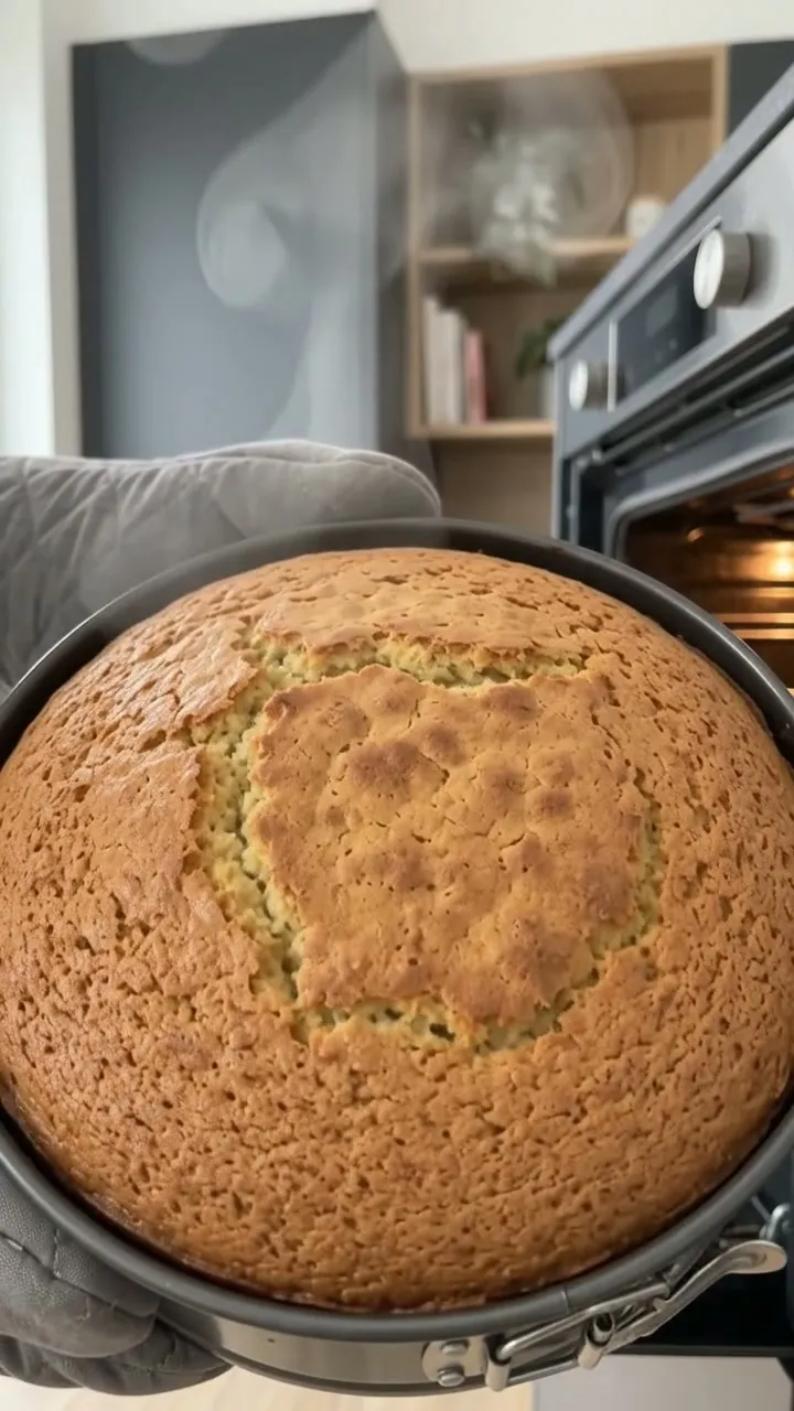 The pistachio cake coming out of the oven in its tin