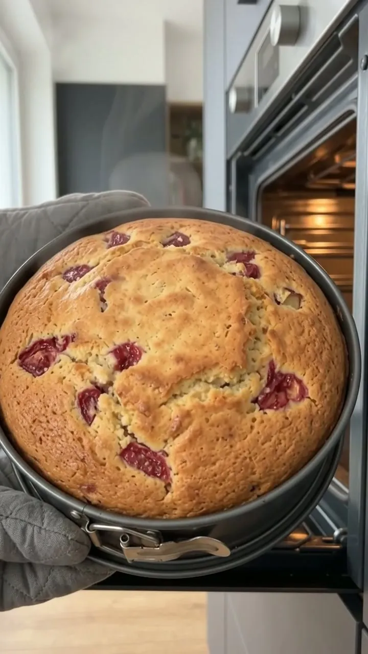 The baked marble cake being lifted from the oven in its tin