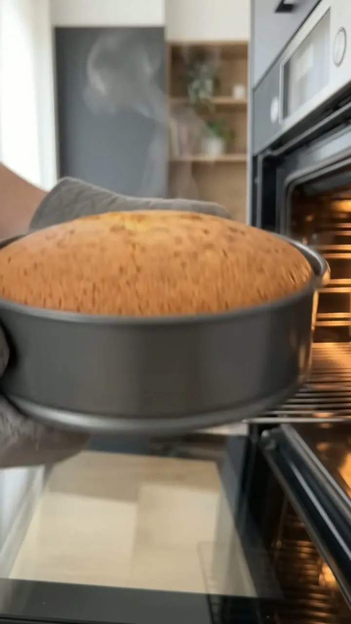 The orange almond cake being lifted out of the oven in its tin