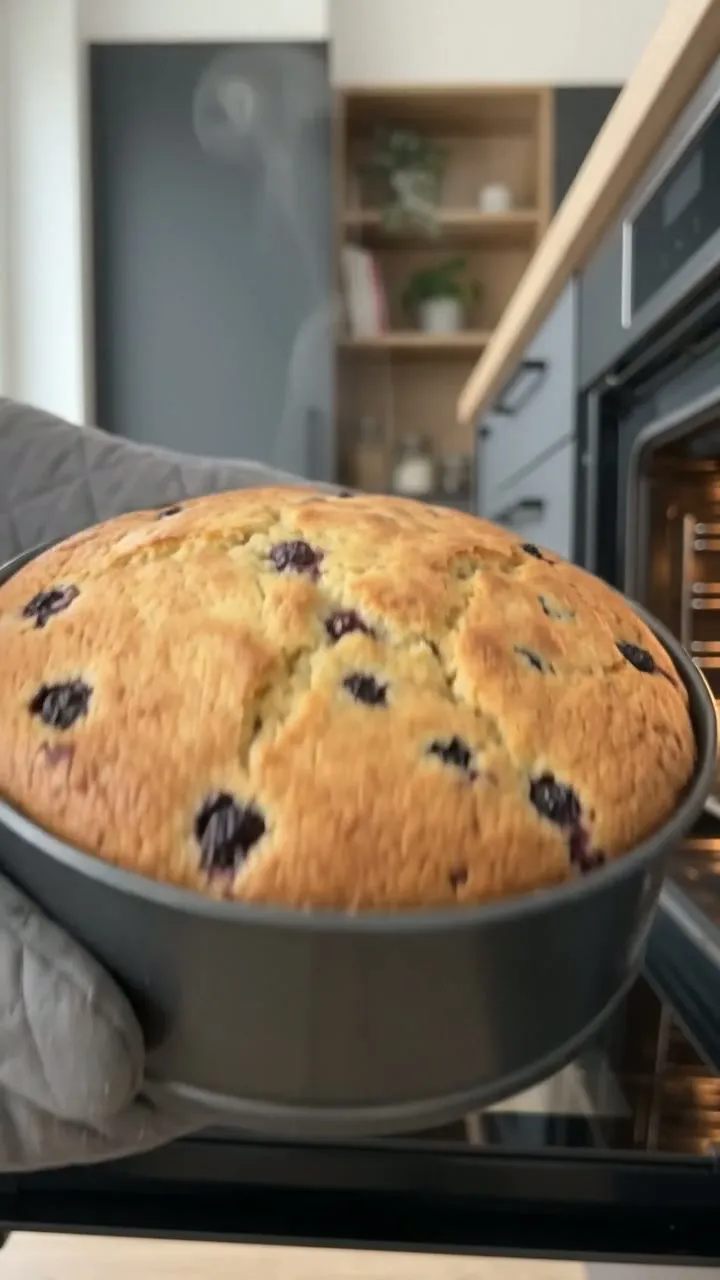 The blueberry lemon cake coming out of the oven in its tin
