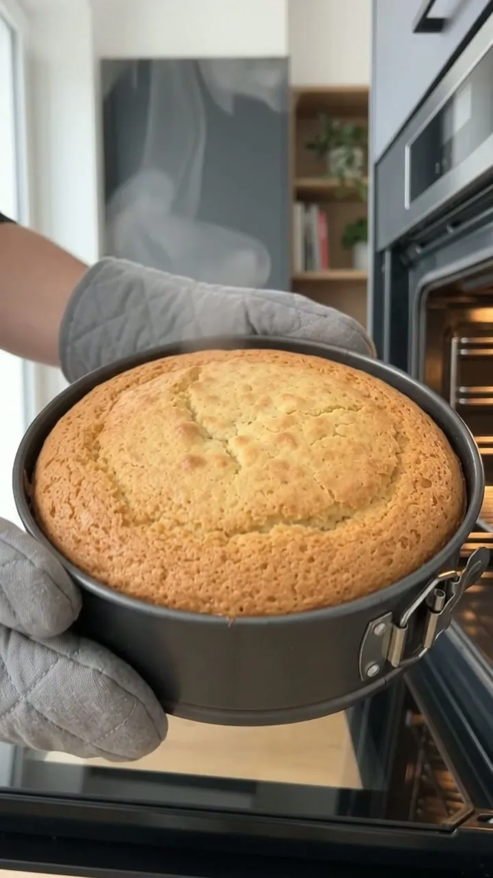 The baked coconut cake being lifted out of the oven in its tin
