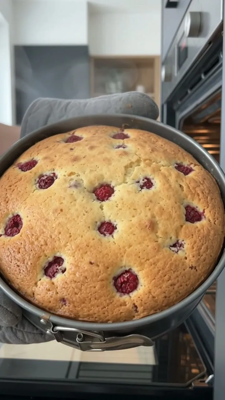 The raspberry and white chocolate cake coming out of the oven in its tin