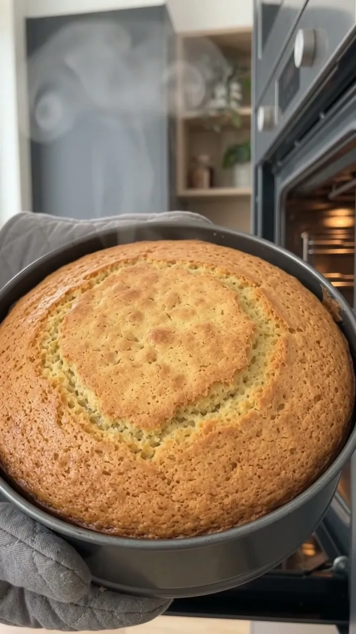 The lemon poppy seed cake being lifted out of the oven