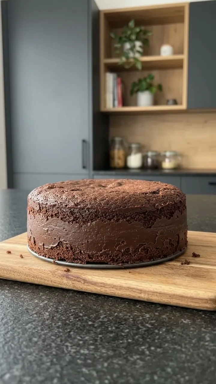 Two hands lifting the springform ring away from the baked chocolate cake