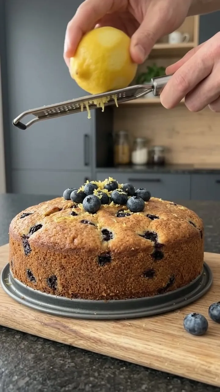 A hand scattering fresh blueberries and lemon zest over the cake