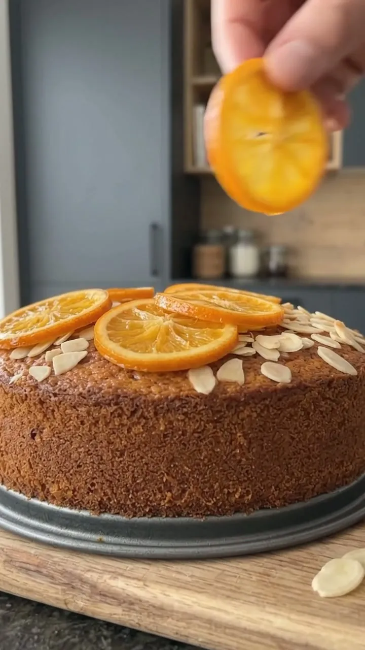 A hand arranging candied orange slices and flaked almonds on the cake
