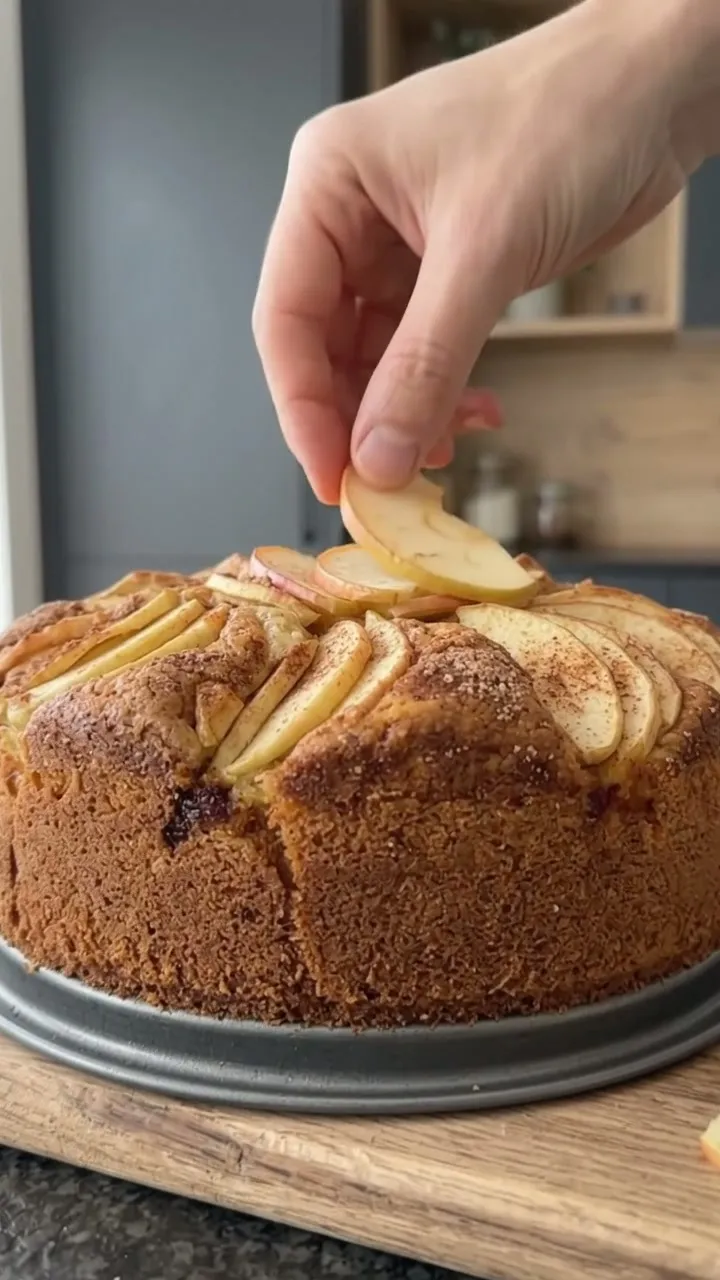 A hand arranging thin apple slices in a ring on top of the cake
