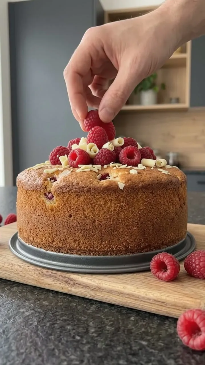A hand scattering raspberries and white chocolate curls over the cake