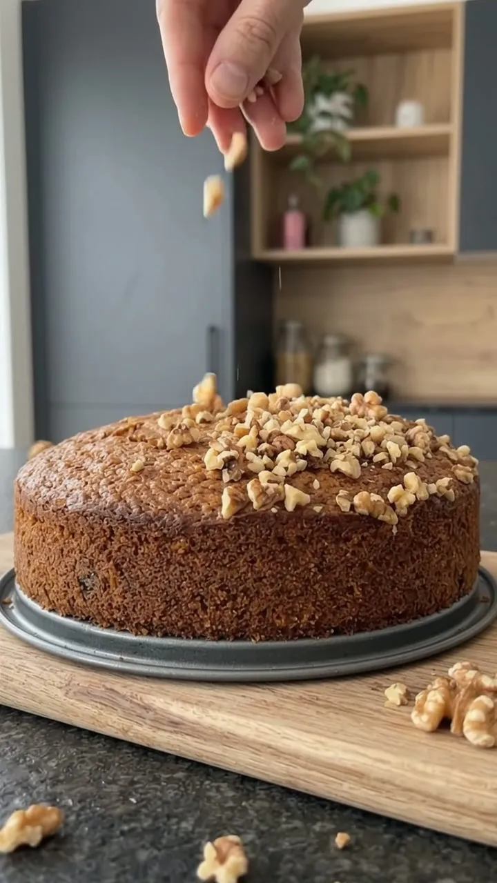 A hand scattering toasted chopped walnuts over the carrot cake