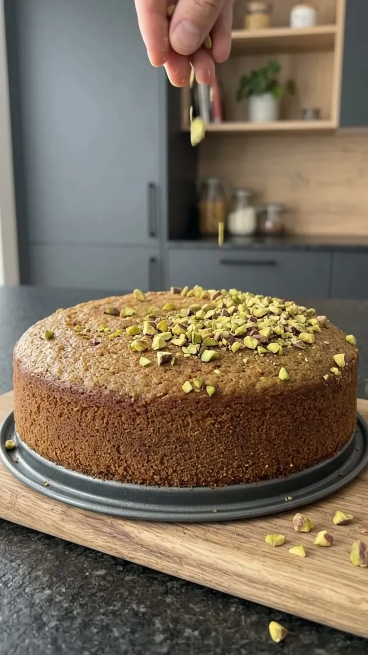 A hand scattering chopped pistachios over the top of the cake