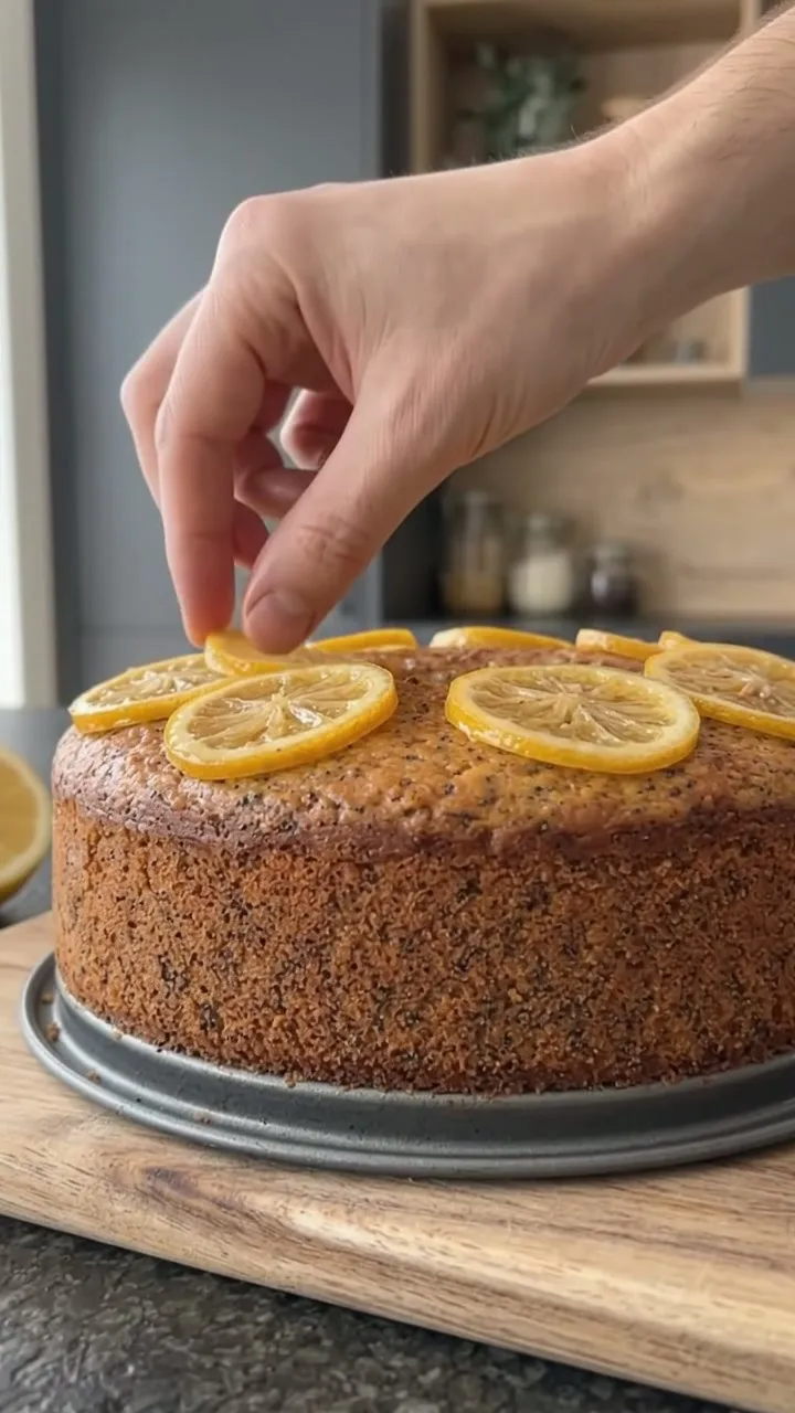 A hand laying candied lemon slices in a ring on top of the cake