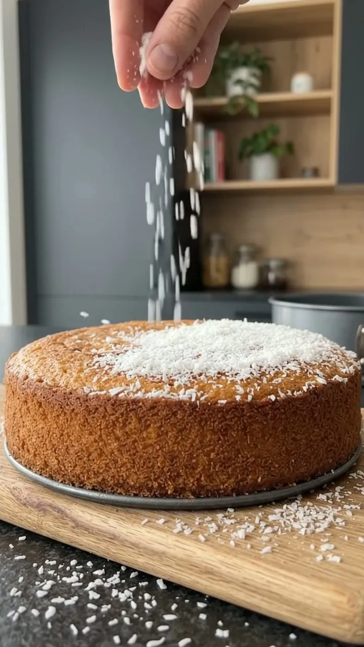 A hand showering desiccated coconut over the top of the cake